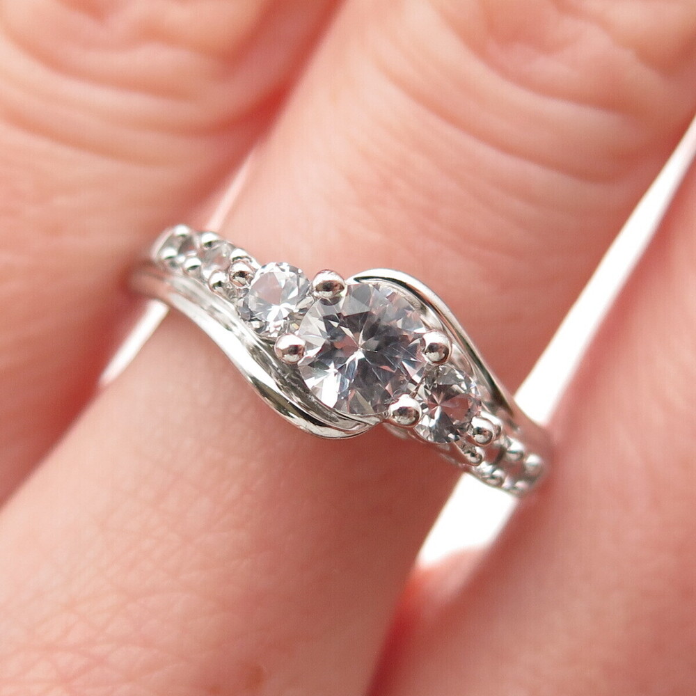 SUN 925 Sterling Silver Real Round-Cut White Topaz Engagement Ring Size 6.75
